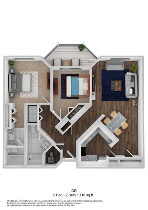 2 Bed, 2 Bath, 1110 sq. ft. GR floor plan